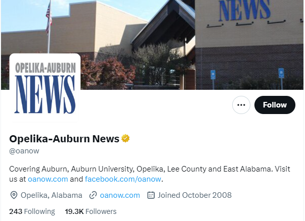 Opelika-Auburn News twitter profile screenshot