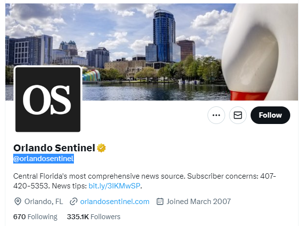 Orlando Sentinel twitter profile screenshot