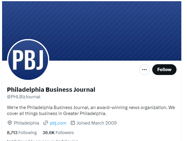 Philadelphia Business Journal twitter profile screenshot