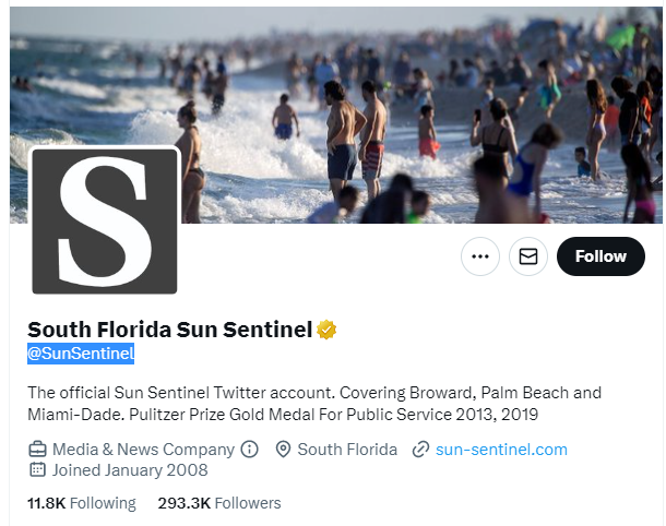 South Florida Sun Sentinel twitter profile screenshot