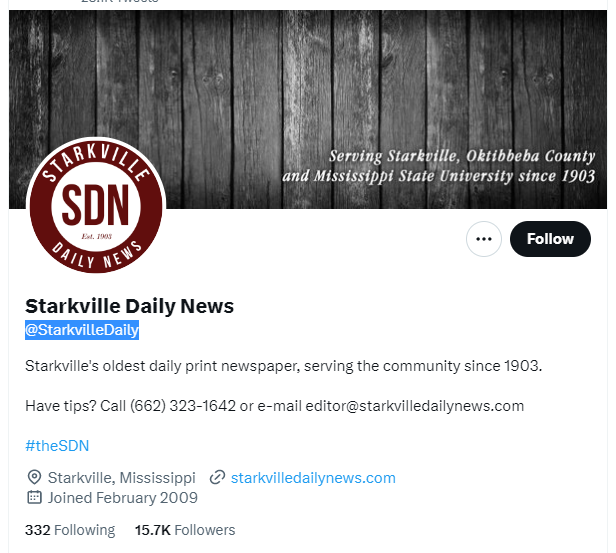Starkville Daily News twitter profile screenshot