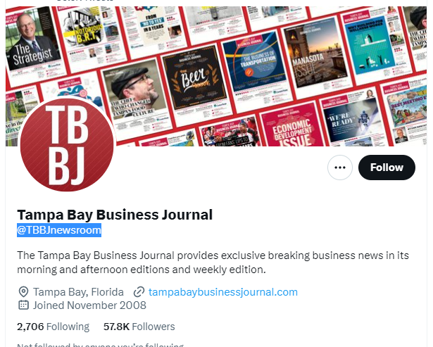 Tampa Bay Business Journal twitter profile screenshot