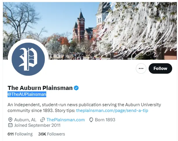 The Auburn Plainsman twitter profile screenshot