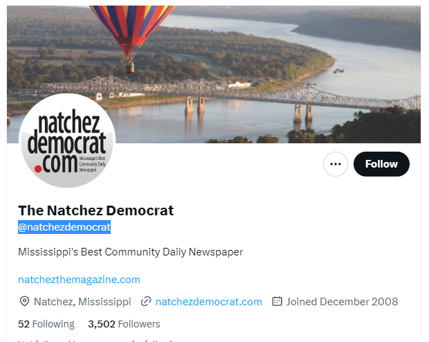 The Natchez Democrat twitter profile screenshot