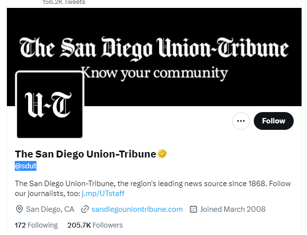 The San Diego Union-Tribune twitter profile screenshot