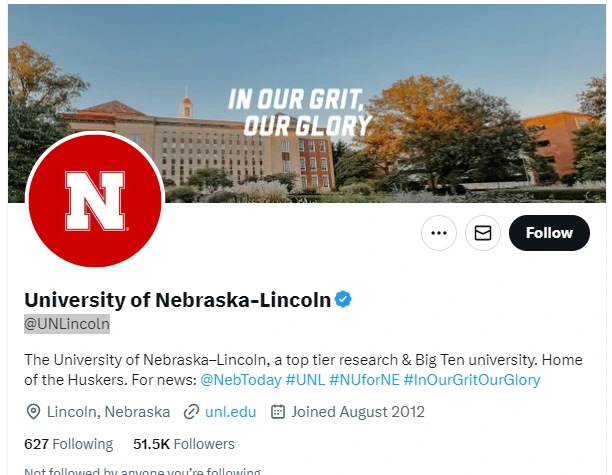 University of Nebraska-Lincoln twitter profile screenshot