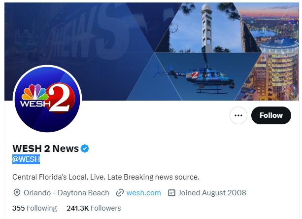 WESH 2 News twitter profile screenshot