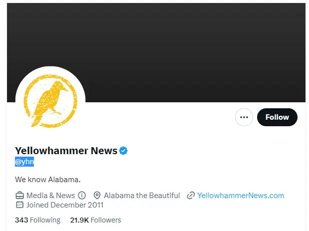 Yellowhammer News twitter profile screenshot