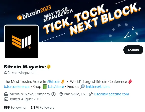 Bitcoin Magazine twitter profile screenshot