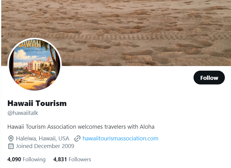 Hawaii Tourism twitter profile screenshot