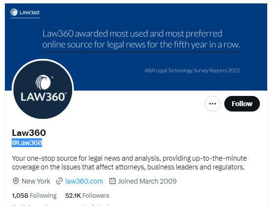 Law360 twitter profile screenshots