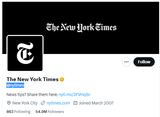 The New York Times twitter profile screenshots