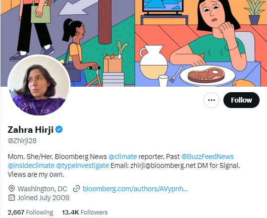 Zahra Hirji twitter  profile screenshot