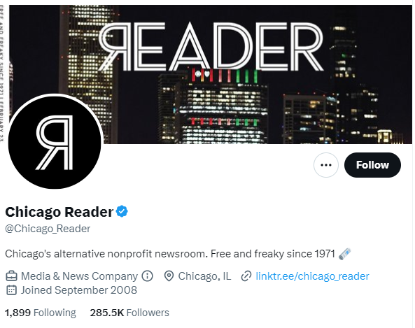 Chicago Reader twitter profile screenshot