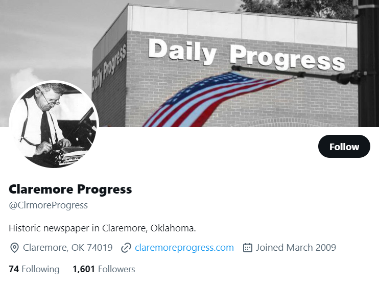 Claremore Progress twitter profile screenshot