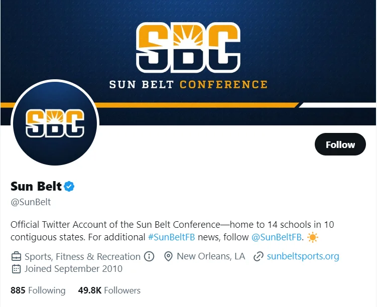 Sun Belt twitter profile screenshot