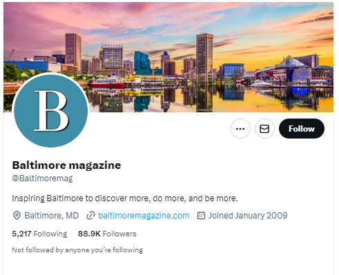 Baltimore magazine twitter profile screenshot