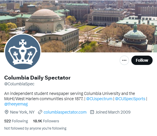 Columbia Daily Spectator twitter profile screenshot
