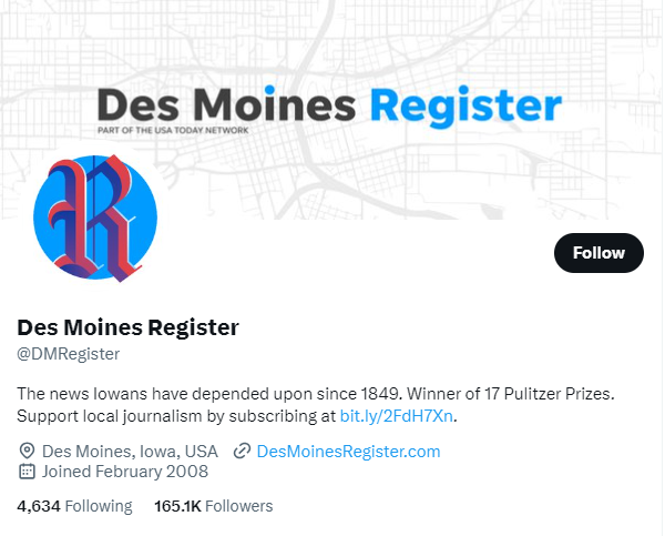 Des Moines Register twitter profile screenshot