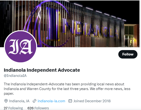 Indianola Independent Advocate twitter profile screenshot