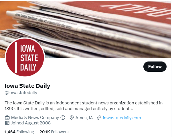 Iowa State Daily twitter profile screenshot