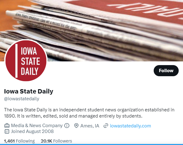 Iowa State Daily twitter profile screenshot