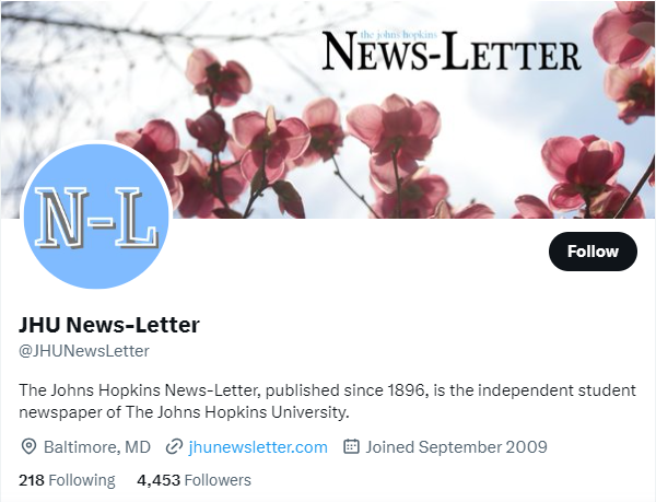 JHU News-Letter twitter profile screenshot