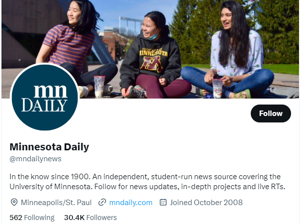 Minnesota Daily twitter profile screenshot