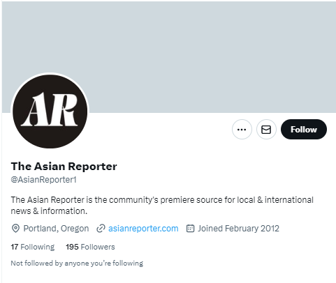 The Asian Reporter twitter profile screenshot
