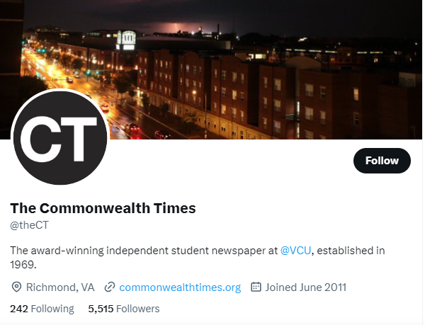 The Commonwealth Times twitter profile screenshot