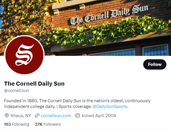 The Cornell Daily Sun twitter profile screenshot