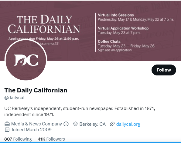 The Daily Californian twitter profile screenshot