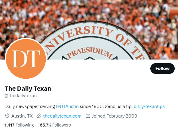 The Daily Texan twitter profile screenshot