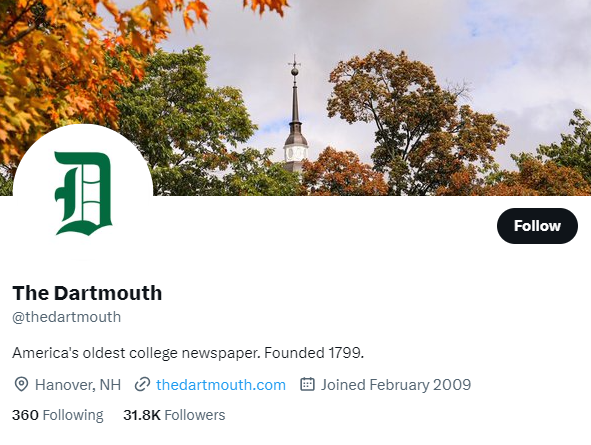 The Dartmouth twitter profile screenshot