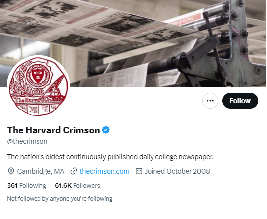 The Harvard Crimson twitter profile screenshot
