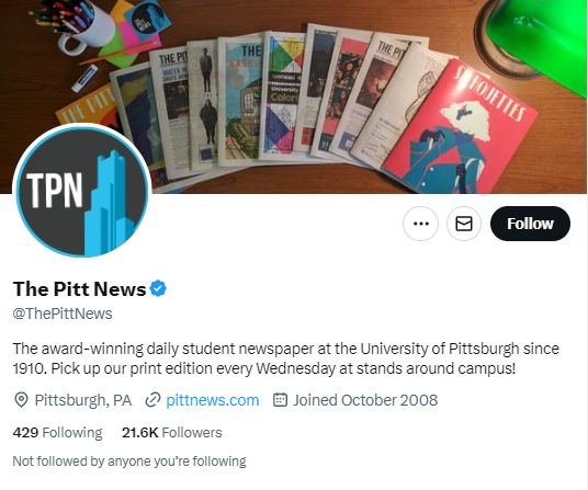 The Pitt News twitter profile screenshot