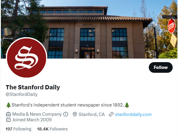 The Stanford Daily twitter profile screenshot