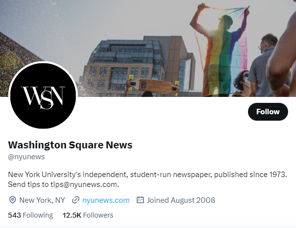 Washington Square News twitter profile screenshot